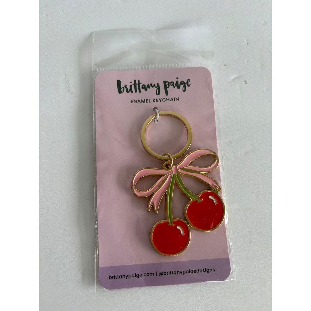 Brittany Paige Cherry Enamel Keychain Pink Bow Gold Tone Key Ring New